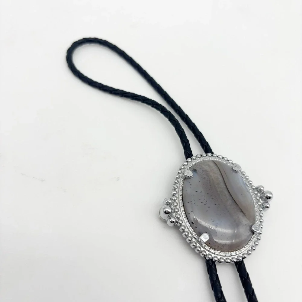 Retro Western Style Gray Agate Bolo Tie & Oval Belt Buckle Set